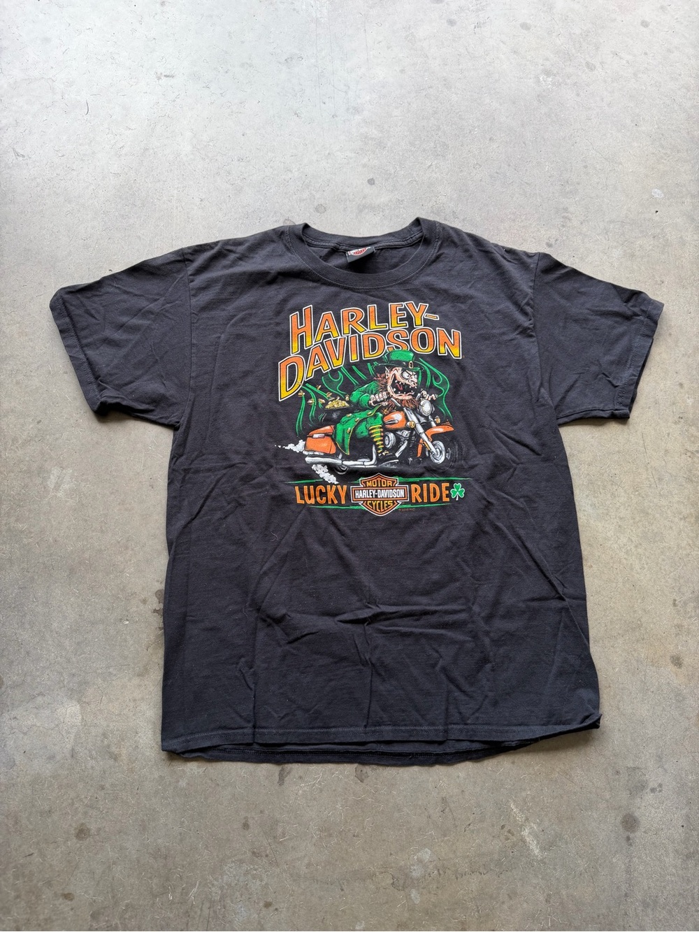 Harley-Davidson Black Tee with Orange and Green Lucky Ride Graphic